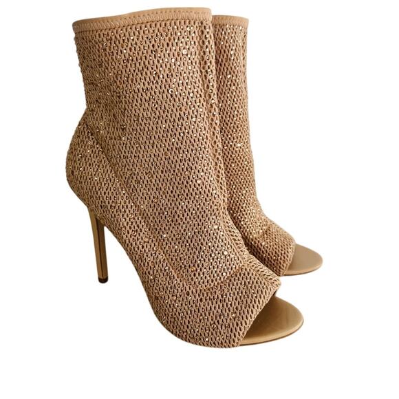 Aldo Sparkle Open Toe Stiletto Size 9 Sock Ankle Bootie Gold Nude Rhinestone - Picture 1 of 7